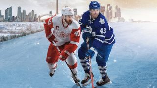Graphic art for the NHL featuring a Toronto Mapleleafs player and a Detroit Red Wings player.