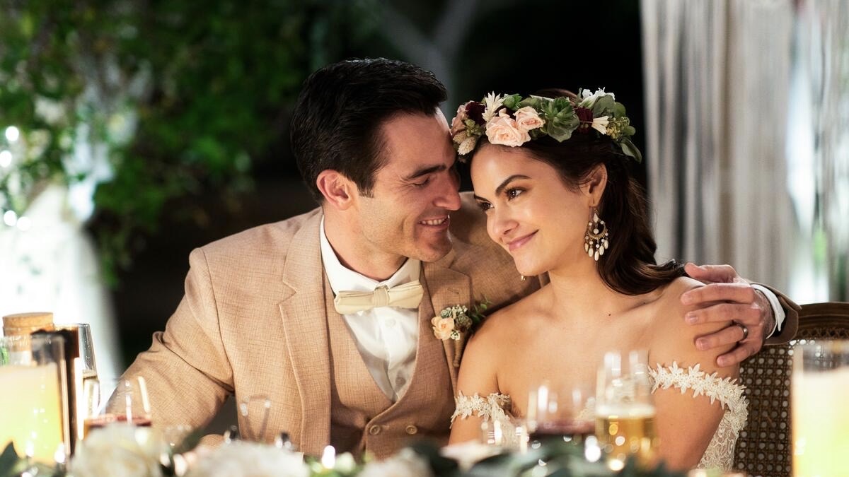 Tala and Abe on their wedding day in the Hulu Original movie Palm Springs.