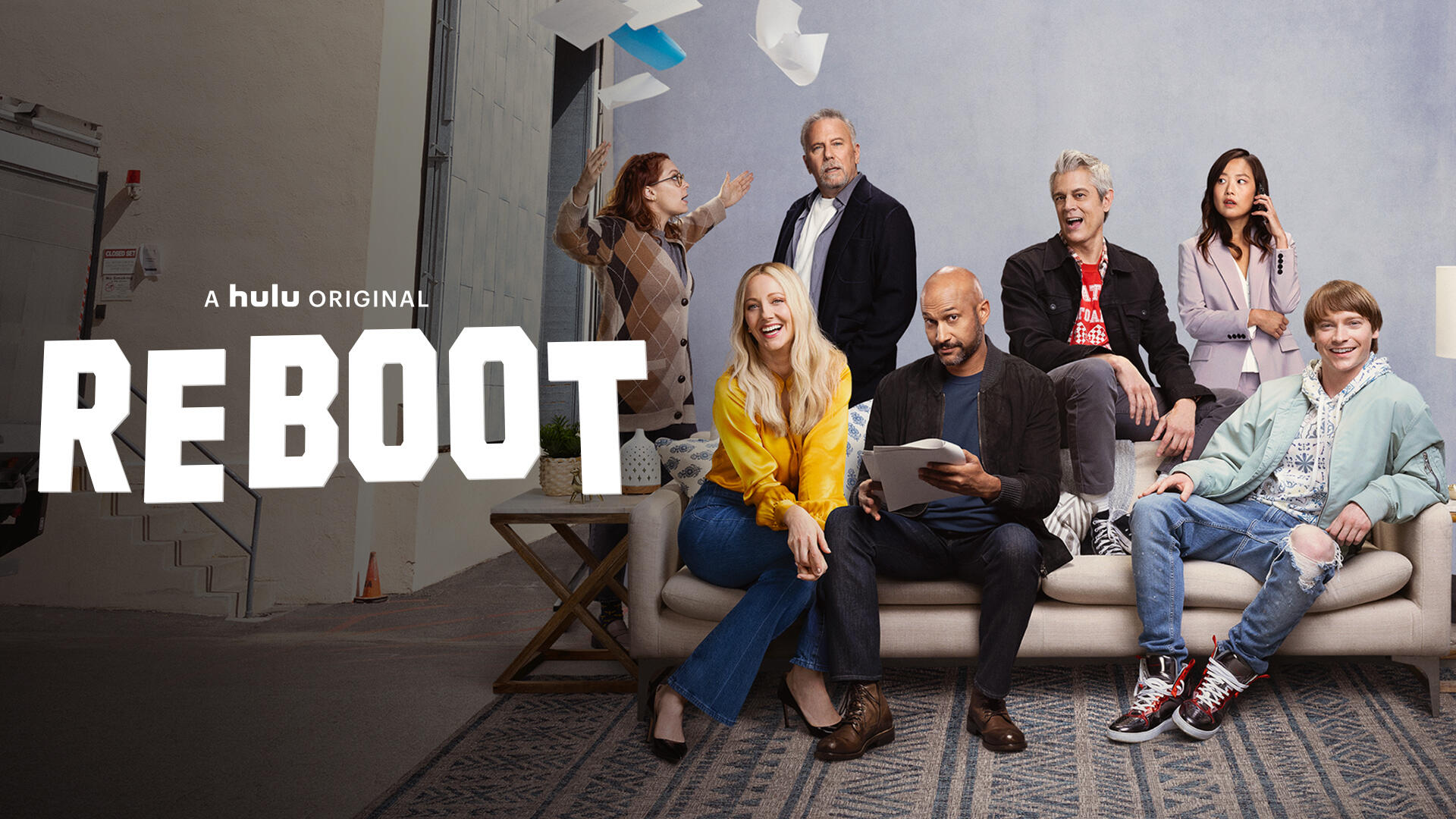 Reboot -- Season 1 -- Hulu reboots an early 2000’s family sitcom, forcing its dysfunctional cast back together. Now they must deal with their unresolved issues in today’s fast-changing world. Reed (Keegan-Michael Key), Clay (Johnny Knoxville), Bree (Judy Greer), Gordon (Paul Reiser), Hannah (Rachel Bloom), Zach (Calum Worthy) and Elaine (Krista Marie Yu), shown. (Courtesy of Hulu)