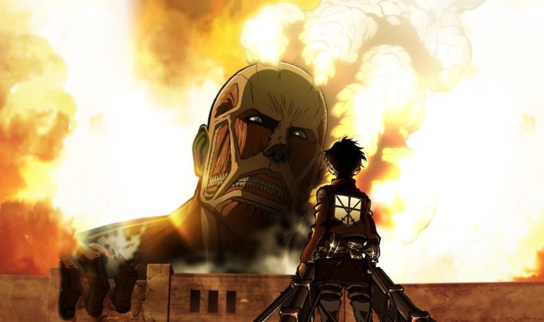A screen grab from the anime show, Attack on Titan.