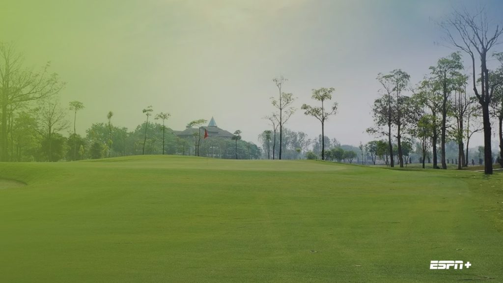 A promotional image of a golf course to represent PGA Golf on Hulu. 