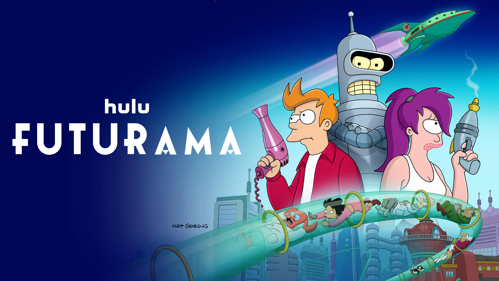 Futurama -- Season 11 -- After a brief ten-year hiatus, Futurama has crawled triumphantly from the cryogenic tube, its full original cast and satirical spirit intact. The ten all-new episodes of season eleven have something for everyone. New viewers will be able to pick up the series from here, while long-time fans will recognize payoffs to decades-long mysteries – including developments in the epic love story of Fry and Leela, the mysterious contents of Nibbler's litter box, the secret history of evil Robot Santa, and the whereabouts of Kif and Amy's tadpoles. Meanwhile there's a whole new pandemic in town as the crew explores the future of vaccines, bitcoin, cancel culture, and streaming TV. (Courtesy of Hulu)