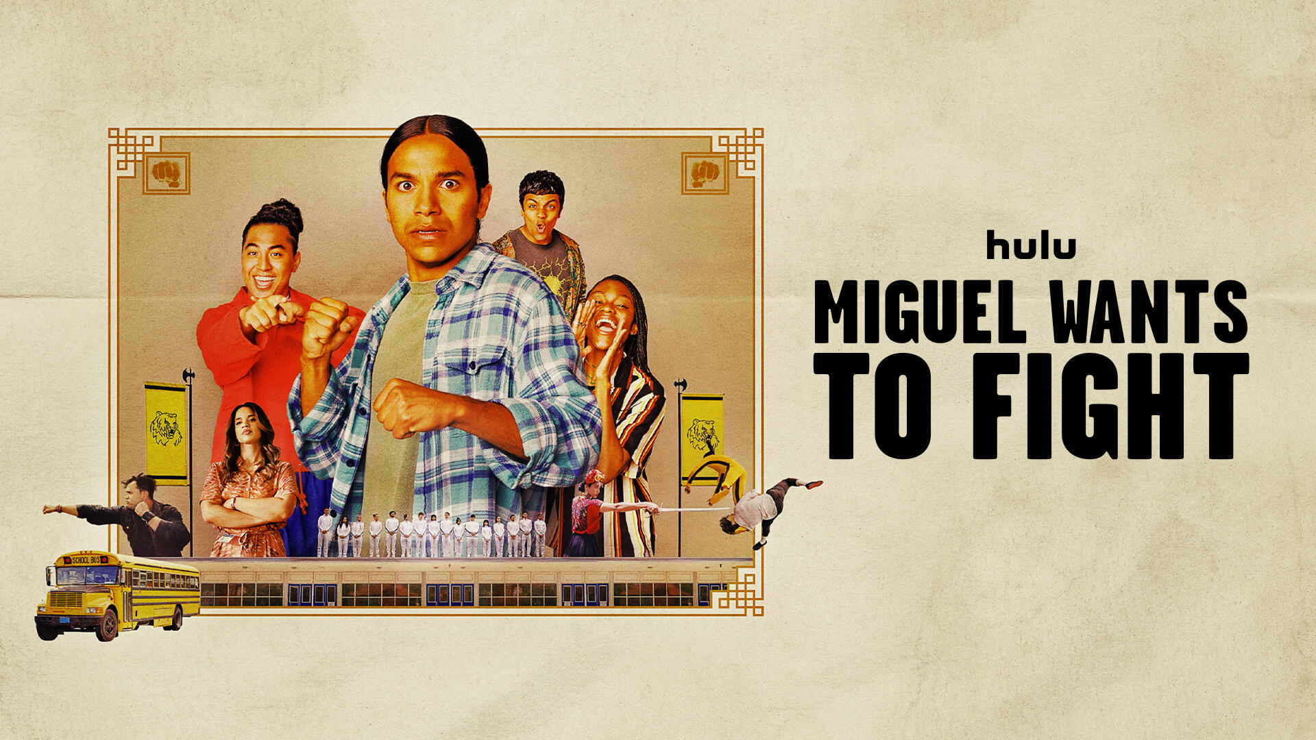 Miguel Wants to Fight -- Despite living in a neighborhood where fighting is stitched into the fabric of everyday life, high school junior Miguel (Tyler Dean Flores) has never found himself in one. And, to be honest, he’s perfectly fine with that. But when a combination of events turn his life upside down, Miguel and his three best friends —the stoic David (Christian Vunipola), the rowdy Cass (Imani Lewis) and the quick-tonged Srini (Suraj Partha)— enter into a series of hilarious misadventures as he tries to get into his first ever fight. Miguel (Tyler Dean Flores), David (Christian Vunipola), Cass (Imani Lewis) and Srini (Suraj Partha), shown. (Courtesy of Hulu)