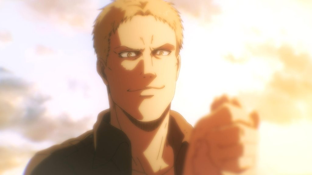 A still image of the character Reiner Braun on the anime show, Attack of Titan.