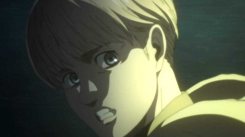 A still image of the character Armin Arlert on the anime show, Attack of Titan.