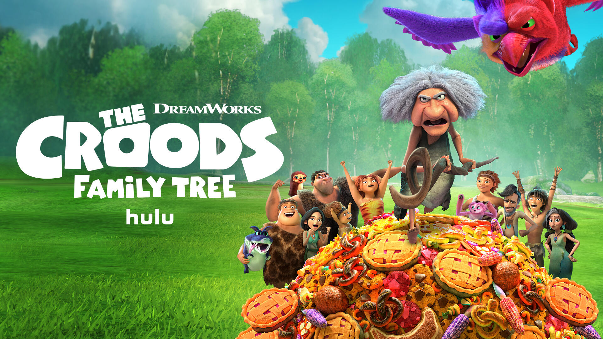 The Croods: Family Tree -- Season 6 -- The Croods and the Bettermans are back and battling over which kooky croodimal to crown “best pet” while Eep is skeptical of the farm’s newest visitor, and Gran’s feathered frenemy, Malachi. Thunk recruits Dawn on a quest for an ancient stash of legendary snacks, and Phil’s “Greatest Inventor Whoever Lived” title is tested when Grug discovers an old, subterranean cave filled with inventions far more advanced than anything prehistory has ever seen. (Courtesy of DreamWorks)