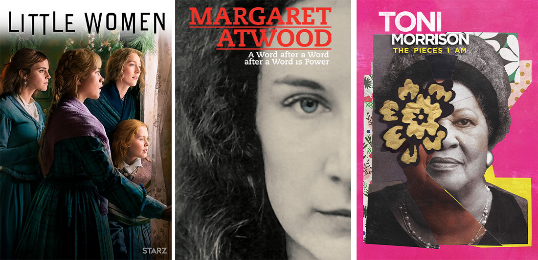 Title art for Little Women and Margaret Atwood and Toni Morrison documentaries