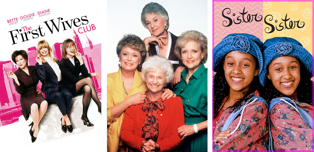 Title art for First Wives Club, Golden Girls, and Sister Sister on Hulu