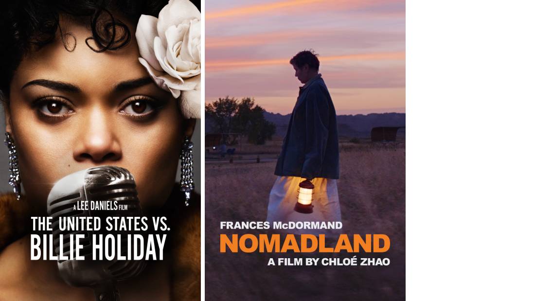 Title art for The United States vs. Billie Holiday and Nomadland on Hulu