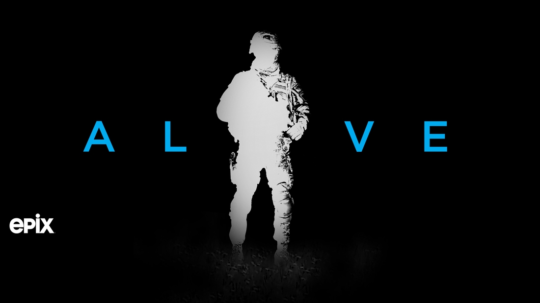 Title art for the documentary Alive featuring the silhouette of a soldier against a black backdrop