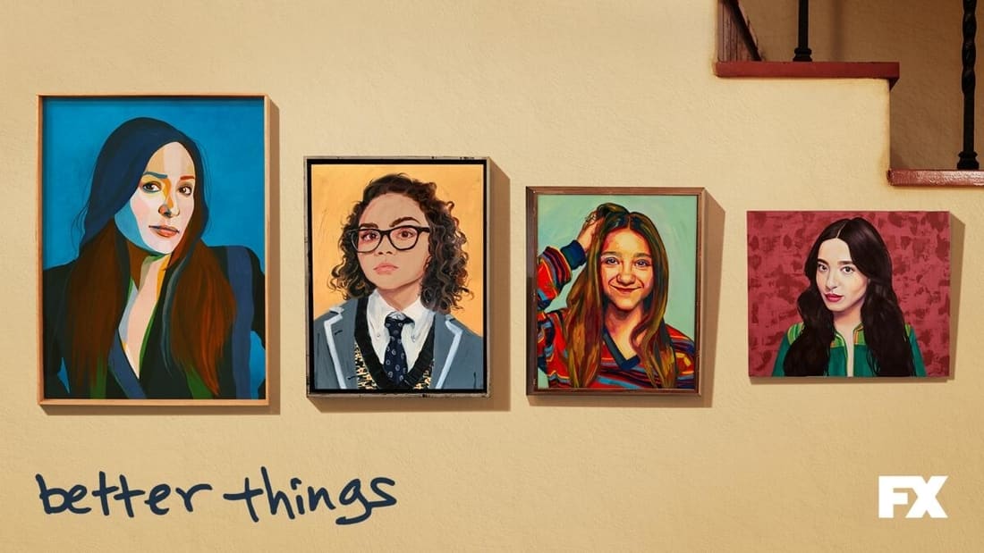 Title art for the FX show Better Things, featuring wall art photos of a woman and her three daughters.