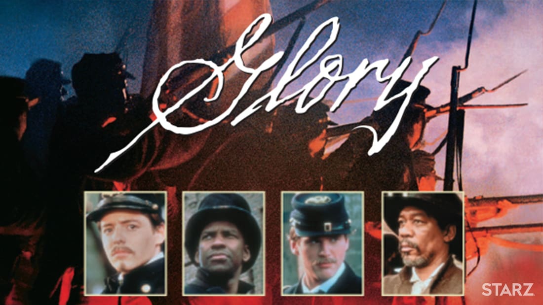 Title art for Glory, featuring Denzel Washington, Matthew Broderick, Morgan Freeman, and Cary Elwes.