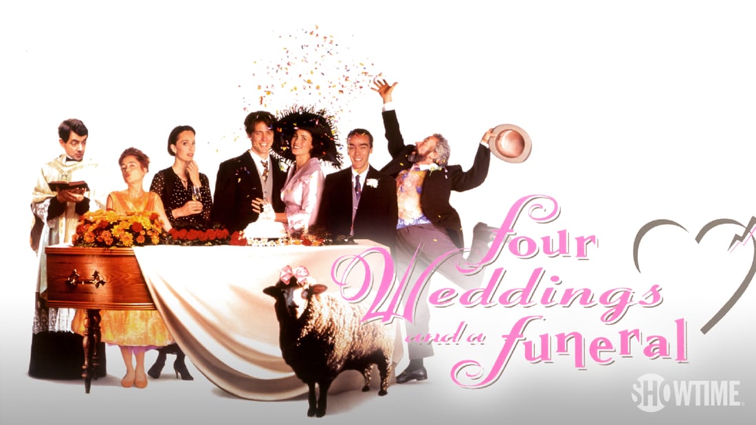 Title art for Four Weddings and a Funeral, featuring Hugh Grant, Andie MacDowell, and the rest of the cast.