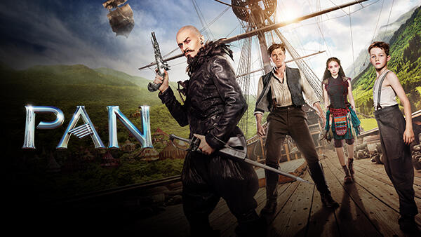 Hugh Jackman, Levi Miller, and the rest of the cast of Pan on a pirate ship.