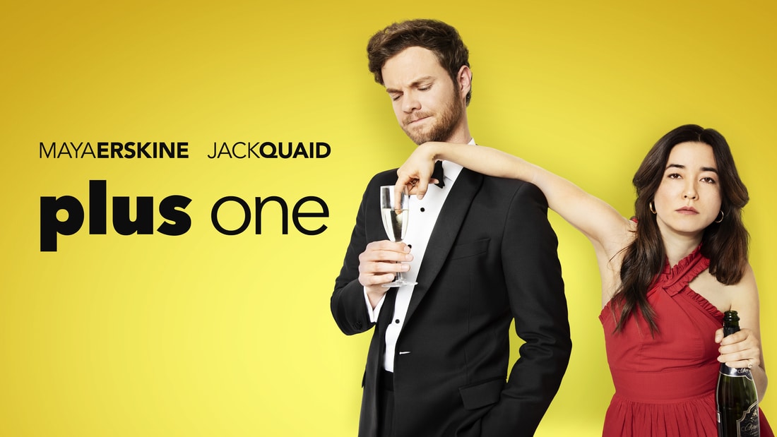 Title art for the movie Plus One, featuring Maya Erskine and Jack Quaid in black tie attire.
