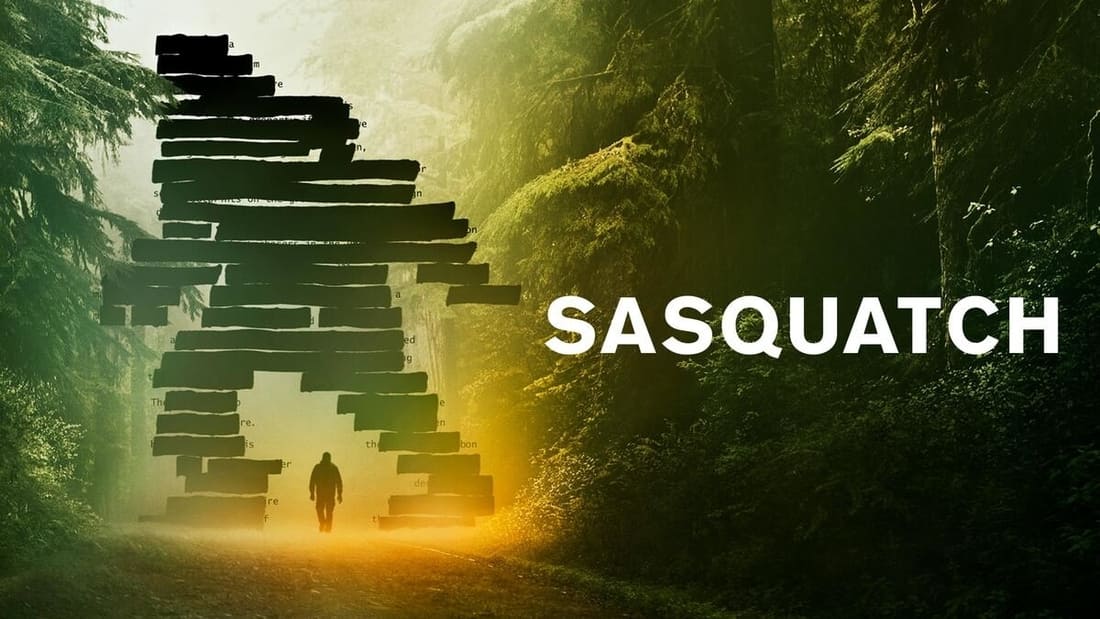 Title art for Sasquatch, featuring a distant bigfoot creature projecting a shadow in the woods.