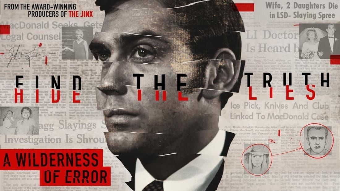 Title art for A Wilderness of Error featuring a photo of Jeffrey MacDonald against a mosaic of newspaper headlines.