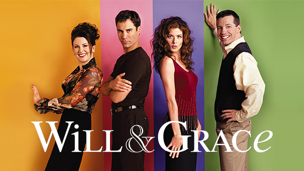 Debra Messing, Eric McCormack, Sean Hayes, and Megan Mullally posing against a multicolored wall in Will & Grace