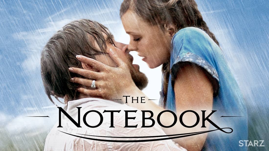 Ryan Gosling and Rachel McAdams kissing in the rain in The Notebook.