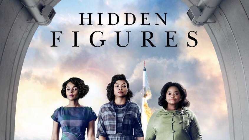 Taraji P. Henson, Octavia Spencer, and Janelle Monáe in the film Hidden Figures, with a spaceship launching behind them.
