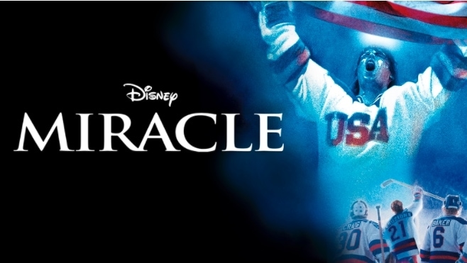 Title art for the Disney patriotic movie Miracle, featuring hockey players in USA uniforms cheering