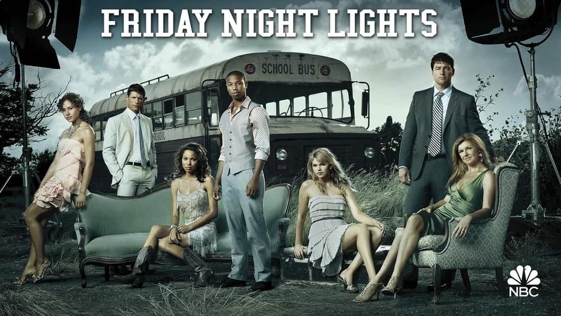  title art for Friday Night Lights, featuring Kyle Chandler, Connie Britton, and the rest of the cast.