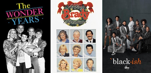 Title art for Christmas episodes of The Wonder Years, The Brady Bunch, and Black-ish