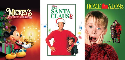 Title art for Disney Christmas moives Mickey's Once Upon a Christmas, The Santa Clause, and Home Alone