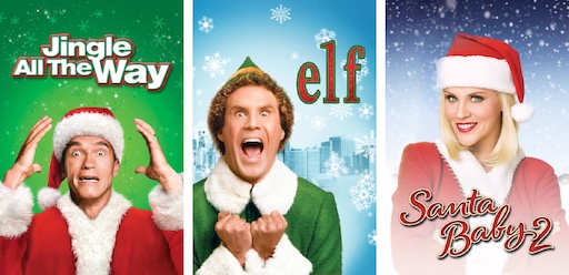 Title art for funny Christmas movies Jingle All The Way, Efl, and Santa Baby 2