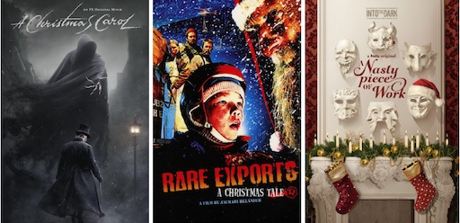 Title art for scary Christmas movies and shows A Christmas Carol, Rare Exports, and Nasty Piece of Work