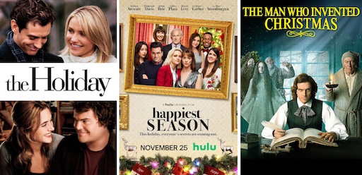 Title art for most popular Christmas movies The Holiday, Happiest Season, and The Man Who Invented Christmas