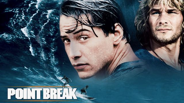 Title art for surf movie Point Break featuring Johnny Utah (Keanu Reeves) and Bodi (Patrick Swayze)