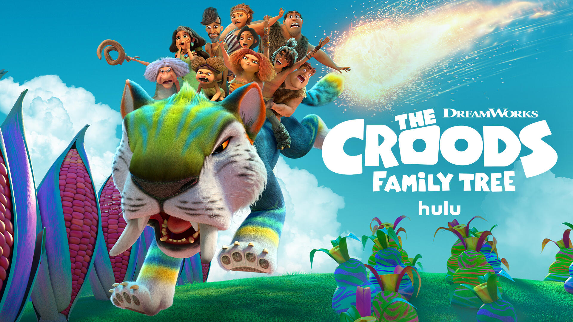 The Croods: Family Tree -- Season 4 -- Excluded from the adults-only cave, the kids create a much cooler kid-cave tempting the adults to switch. A freak lightning storm turns Thunk into a genius while Ugga arranges a “Punch Summit” for peaceful co-existence with the punch monkeys. When a meteor is found to be hurtling towards the farm, The Bettermans and Croods decide how to spend what could possibly be their last day on earth. With endless fun, misadventures and heartwarming moments prehistory's favorite families return with all new episodes to Hulu August 31! (Courtesy of DreamWorks)